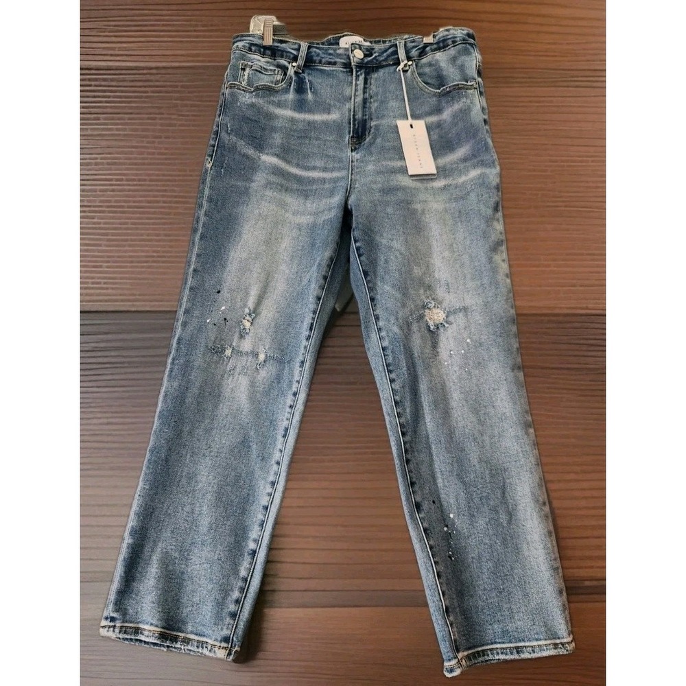 NWT Risen Jeans Mid Rise Distressed Taper Crop Paint Jeans RDP5269X Kiki Sz 1XL